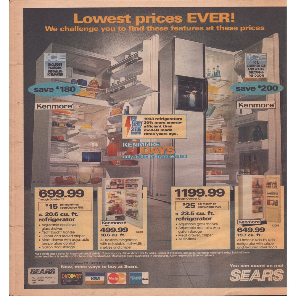 Vtg 1993 Sears Newspaper Ad Levis Stonewash Jeans Kenmore Refrigerator 10x11 VG - Picture 2 of 2